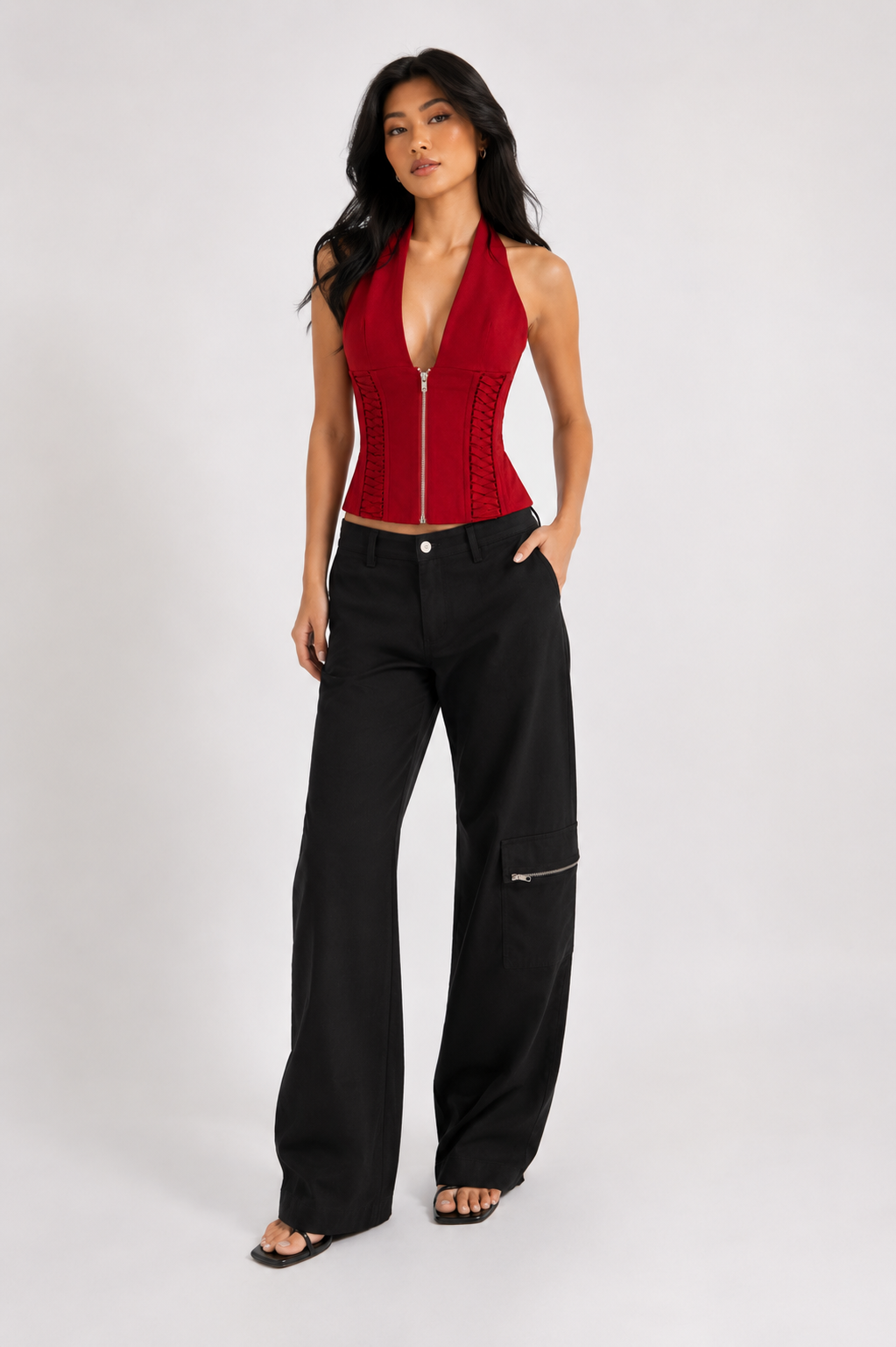 Women's Halter Corset Crop Top | Lace-Up Front Zip Bodycon Top